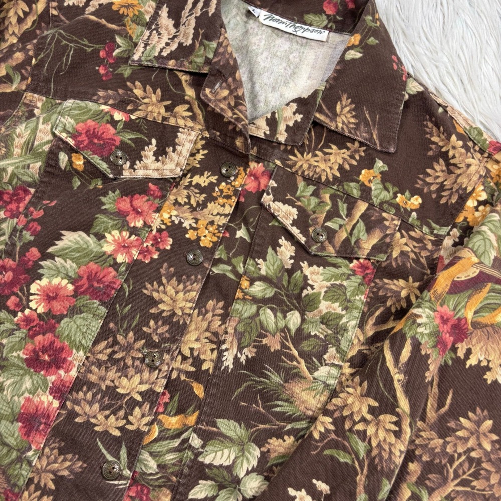 Norm Thompson Women's L Brown Floral Peacock Twill Jacket Art Deco Artsy - Picture 2 of 4